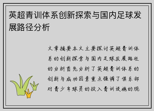 英超青训体系创新探索与国内足球发展路径分析